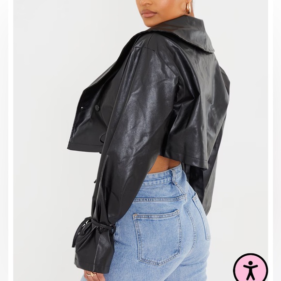 NWT Prettylittlething black faux leather ruched side tie sleeve cropped biker 6 - Picture 2 of 7